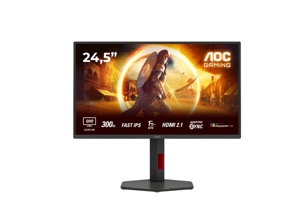Монитор - AOC Q25G4SR, 24.5" IPS WLED, 2560x1440@300Hz, 1ms GtG, 0.3ms MPRT, 400cd m/2, 1000:1, 80M:1, Adaptive Sync, FlickerFree, Low Blue Light, 2Wx2, Tilt, Height Adjust, Pivot, Swivel, 2xHDMI, DP