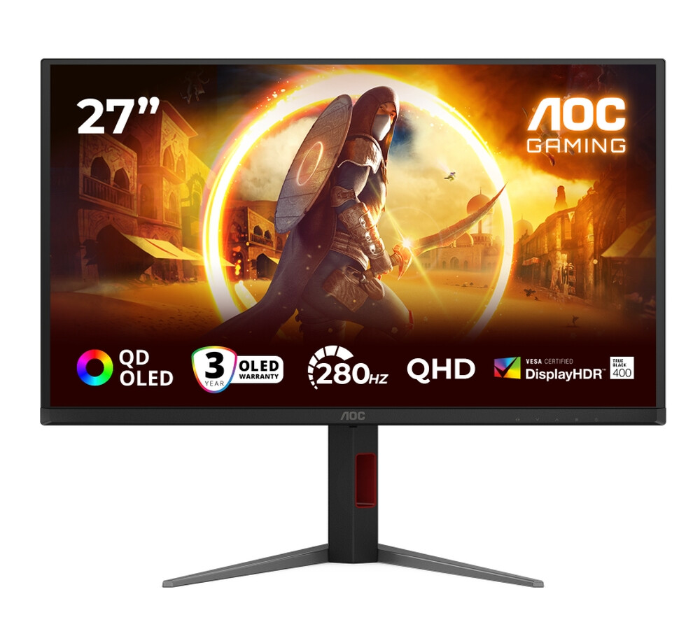 Монитор - AOC Q27G4ZD, 27" QD-OLED, 2560x1440@280Hz, 0.03ms GtG, 1.5M:1, 1000cd m/2, Adaptive Sync, FlickerFree, Anti Blue Light, Tilt, Height Adjust, Pivot, Swivel, 2xHDMI, DP, USB hub