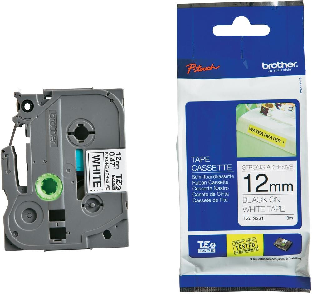 Консуматив - Brother TZe-S231 Tape Black on White, Strong Adhesive, 12mm, 8 m - Eco
