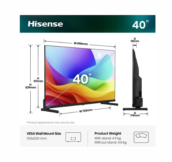 Телевизор - Hisense 40" A5S, Full HD 1920x1080, QLED, Quantum Dot, HDR, HLG, DTS HD, Light Sensor, Dolby Audio, Smart TV, WiFi, WiFi Direct, 2xHDMI, 2xUSB, LAN, CI+, DVB-T2/C/S2, Black