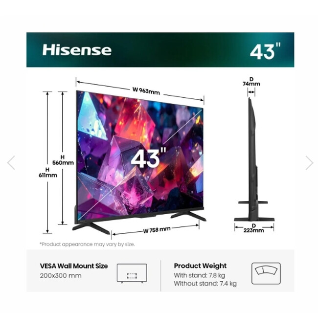 Телевизор - Hisense 43" E7S Pro, 4K Ultra HD 3840x2160, QLED, Quantum Dot, 144Hz, HDR 10+ adaptive, HLG, Dolby Vision, DTS Virtual X, Smart TV, WiFi 5GHz, WiFi Direct, BT, Anyview Cast, 3xHDMI, 2xUSB, LAN, CI+, DVB-T2/C/S2, Black