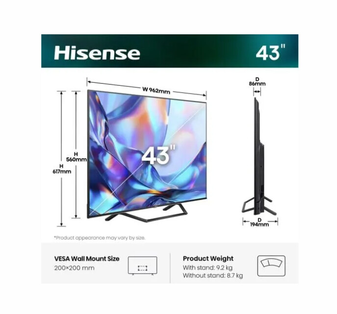 Телевизор - Hisense 43" A7S, 4K Ultra HD 3840x2160, QLED, FALD, Quantum Dot, HDR 10+, HLG, Dolby Vision, Dolby Atmos, Smart TV, WiFi 5GHz, WiFi Direct, BT, Anyview Cast, 3xHDMI, 2xUSB, LAN, CI+, DVB-T2/C/S2, Black