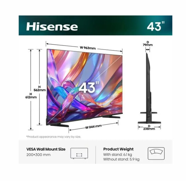 Телевизор - Hisense 43" E7S, 4K Ultra HD 3840x2160, QLED, Quantum Dot, HDR 10+, HLG, Dolby Vision, Light Sensor, Smart TV, WiFi 5GHz, WiFi Direct, BT, Anyview Cast, 3xHDMI, 2xUSB, LAN, CI+, DVB-T2/C/S2, Black