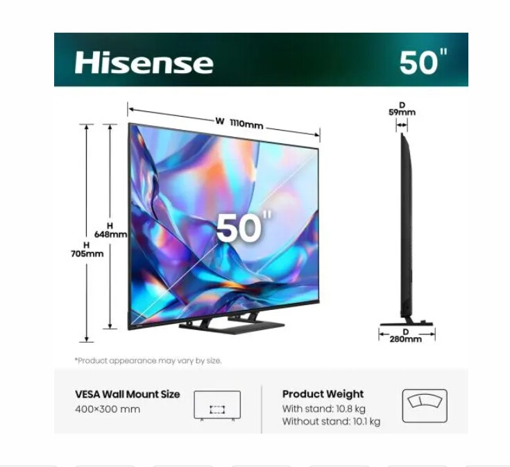 Телевизор - Hisense 50" A7S, 4K Ultra HD 3840x2160, QLED, FALD, Quantum Dot, HDR 10+, HLG, Dolby Vision, Dolby Atmos, Smart TV, WiFi 5GHz, WiFi Direct, BT, Anyview Cast, 3xHDMI, 2xUSB, LAN, CI+, DVB-T2/C/S2, Black
