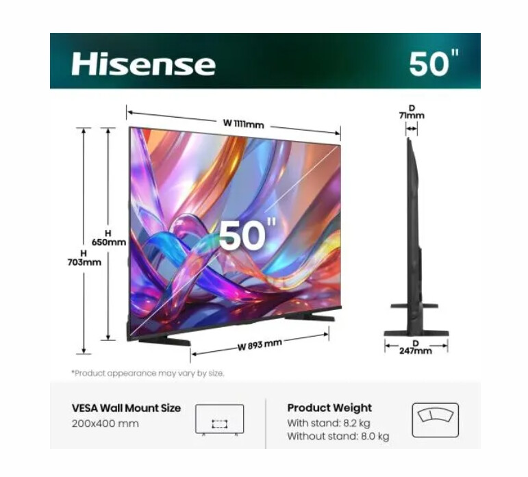 Телевизор - Hisense 50" E7S, 4K Ultra HD 3840x2160, QLED, Quantum Dot, HDR 10+, HLG, Dolby Vision, DTS Virtual X, Smart TV, WiFi, Light Sensor, BT, Anyview Cast, 3xHDMI, 2xUSB, LAN, CI+, DVB-T2/C/S2, Black