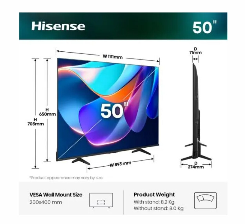 Телевизор - Hisense 50" A6S, 4K Ultra HD 3840x2160, DLED, DFA, Precision Colour, HDR 10+, HLG, Dolby Vision,Light sensor, Smart TV, WiFi, BT, AnyView Cast, Gaming Mode, 1xHDMI2 eArc, 3xHDMI, 2xUSB, LAN, CI+, DVB-T2/C/S2, Black