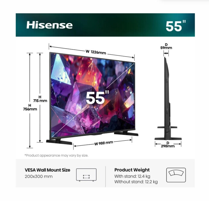 Телевизор - Hisense 55" E7S Pro, 4K Ultra HD 3840x2160, QLED, Quantum Dot, 144Hz, HDR 10+ adaptive, HLG, Dolby Vision, DTS Virtual X, Smart TV, WiFi 5GHz, WiFi Direct, BT, Anyview Cast, 3xHDMI, 2xUSB, LAN, CI+, DVB-T2/C/S2, Black
