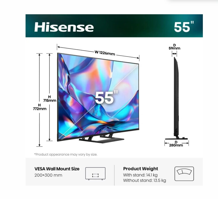 Телевизор - Hisense 55"A7S, 4K Ultra HD 3840x2160, Quantum Dot, Light Sensor,HDR 10+, HLG, Dolby Vision, Dolby Atmos, Smart TV, Voice Control,2x10 W + 20 W ,WiFi 5GHz, WiFi Direct, BT, Anyview Cast, 3xHDMI, 2xUSB, LAN, DVB-T2/C/S2, Black