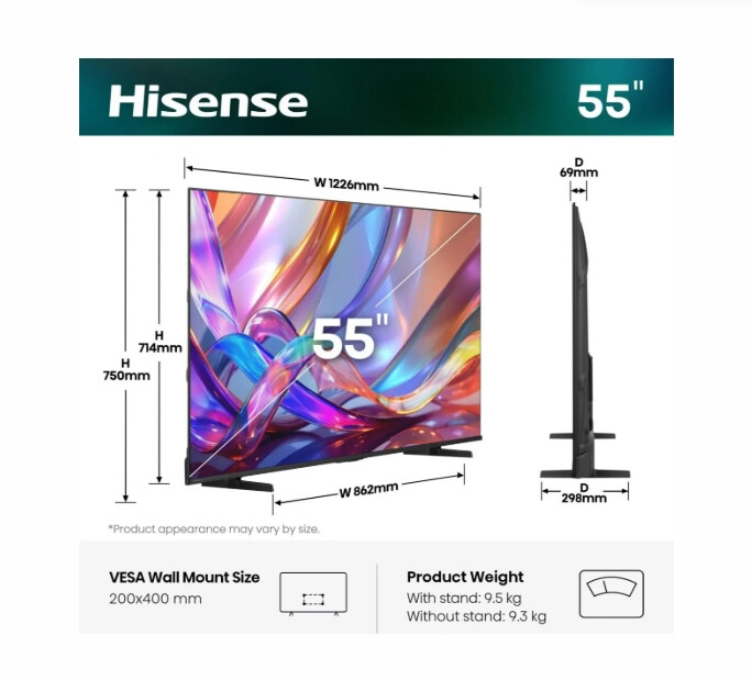Телевизор - Hisense 55" E7S, 4K Ultra HD 3840x2160, QLED, Quantum Dot, HDR 10+, HLG, Dolby Vision, DTS Virtual X, Smart TV, WiFi, Light Sensor, BT, Anyview Cast, 3xHDMI, 2xUSB, LAN, CI+, DVB-T2/C/S2, Black