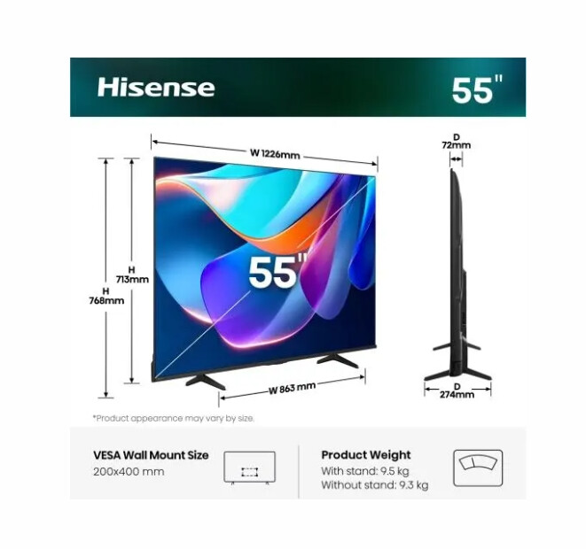 Телевизор - Hisense 55" A6S, 4K Ultra HD 3840x2160, DLED, DFA, Precision Colour, HDR 10+, HLG, Dolby Vision,Light sensor, Smart TV, WiFi, BT, AnyView Cast, Gaming Mode, 1xHDMI2 eArc, 3xHDMI, 2xUSB, LAN, CI+, DVB-T2/C/S2, Black