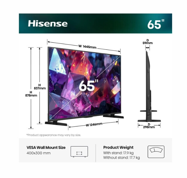 Телевизор - Hisense 65" E7S Pro, 4K Ultra HD 3840x2160, QLED, Quantum Dot, 144Hz, HDR 10+ adaptive, HLG, Dolby Vision, DTS Virtual X, Smart TV, WiFi 5GHz, WiFi Direct, BT, Anyview Cast, 4xHDMI, 2xUSB, LAN, CI+, DVB-T2/C/S2, Black