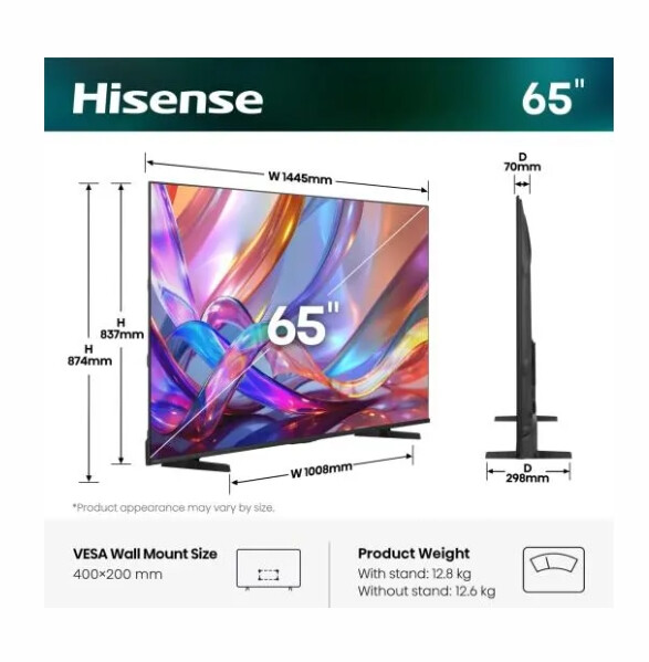 Телевизор - Hisense 65" E7S, 4K Ultra HD 3840x2160, QLED, Quantum Dot, HDR 10+, HLG, Dolby Vision, DTS Virtual X, Smart TV,Light Sensor,WiFi Direct, BT, Anyview Cast, 3xHDMI, 2xUSB, LAN, CI+, DVB-T2/C/S2, Black