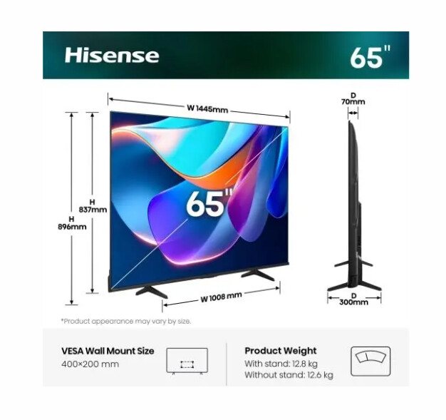 Телевизор - Hisense 65" A6S, 4K Ultra HD 3840x2160, DLED, DFA, Precision Colour, HDR 10+, HLG, Dolby Vision, DTS Virtual X, Smart TV, WiFi, BT, Light Sensor, Gaming Mode, 1xHDMI2 eArc, 3xHDMI, 2xUSB, LAN, CI+, DVB-T2/C/S2, Black