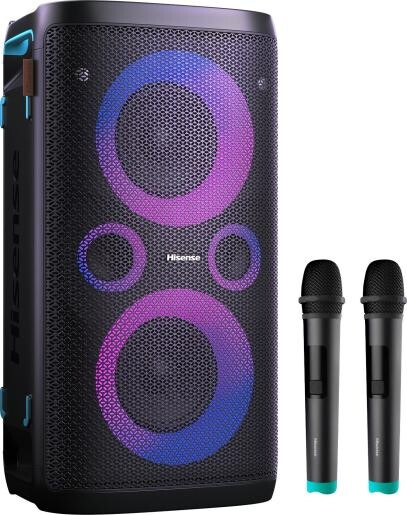 Аудио система - Hisense Party Rocker One Plus (HP110) Bluetooth Speaker with 300W Power, Built-in Woofer, Karaoke Mode, Built-in Wireless Charging Pad, AUX Input and Output, USB, 15 Hour Long-Lasting Battery 4 x 2500Ah, 2x mics included, Black