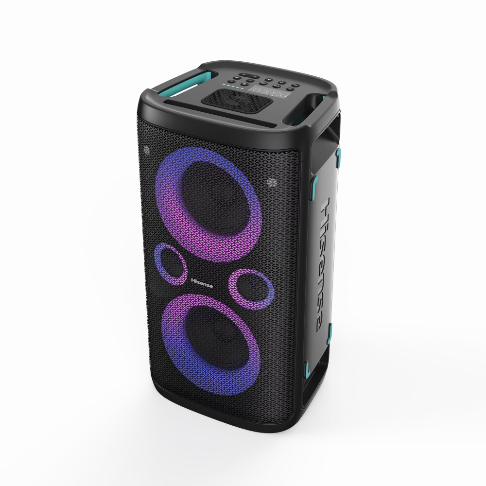 Аудио система - Hisense Party Rocker One Plus (HP110) Bluetooth Speaker with 300W Power, Built-in Woofer, Karaoke Mode, Built-in Wireless Charging Pad, AUX Input and Output, USB, 15 Hour Long-Lasting Battery 4 x 2500Ah, 2x mics included, Black