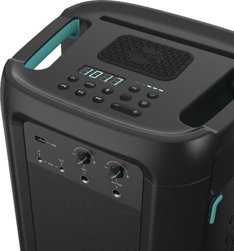 Аудио система - Hisense Party Rocker One Plus (HP110) Bluetooth Speaker with 300W Power, Built-in Woofer, Karaoke Mode, Built-in Wireless Charging Pad, AUX Input and Output, USB, 15 Hour Long-Lasting Battery 4 x 2500Ah, 2x mics included, Black