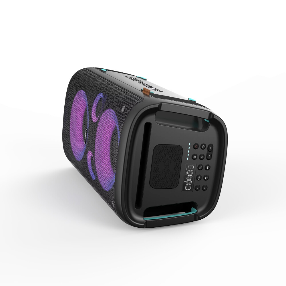 Аудио система - Hisense Party Rocker One Plus (HP110) Bluetooth Speaker with 300W Power, Built-in Woofer, Karaoke Mode, Built-in Wireless Charging Pad, AUX Input and Output, USB, 15 Hour Long-Lasting Battery 4 x 2500Ah, 2x mics included, Black