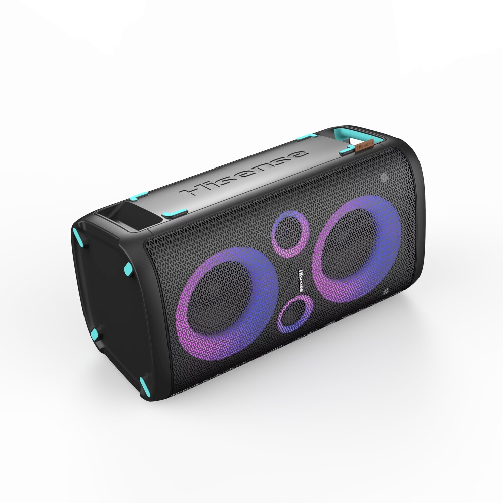 Аудио система - Hisense Party Rocker One Plus (HP110) Bluetooth Speaker with 300W Power, Built-in Woofer, Karaoke Mode, Built-in Wireless Charging Pad, AUX Input and Output, USB, 15 Hour Long-Lasting Battery 4 x 2500Ah, 2x mics included, Black