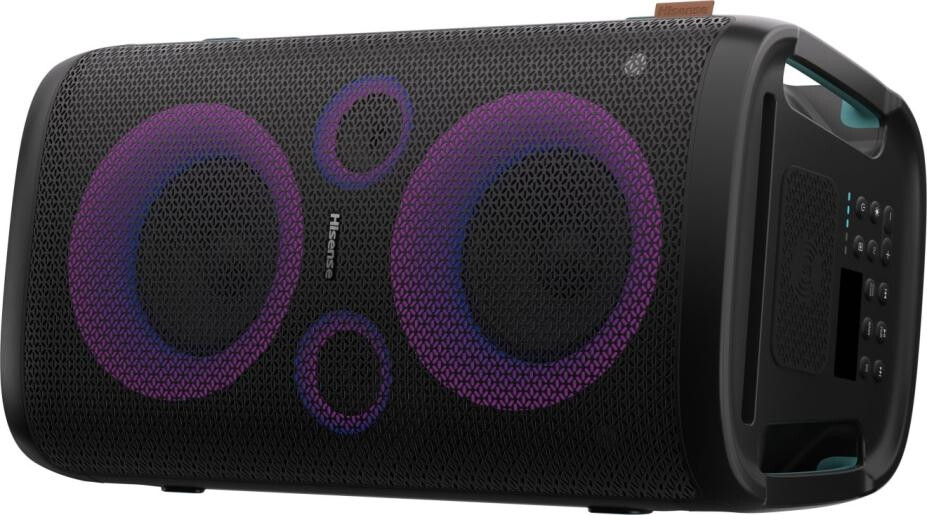 Аудио система - Hisense Party Rocker One Plus (HP110) Bluetooth Speaker with 300W Power, Built-in Woofer, Karaoke Mode, Built-in Wireless Charging Pad, AUX Input and Output, USB, 15 Hour Long-Lasting Battery 4 x 2500Ah, 2x mics included, Black