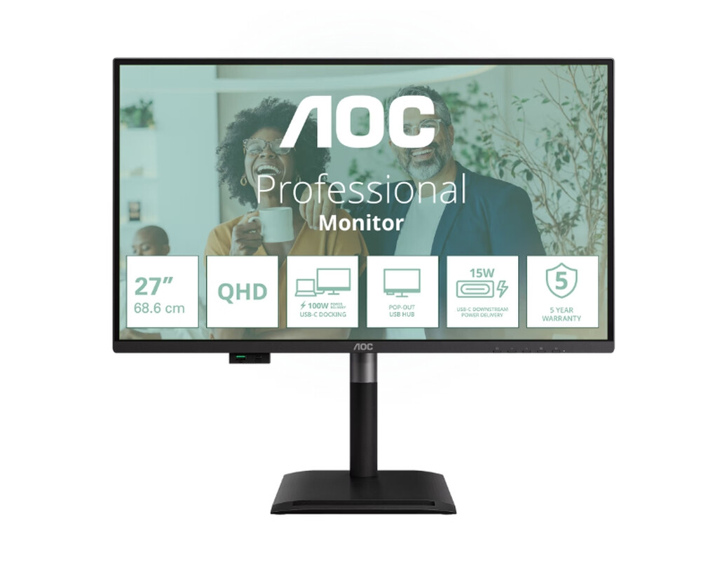 Монитор - AOC Q27P4CV, 27" IPS WLED, 2560x1440@120Hz, 4ms GtG, 350cd m/2, 1500:1, 50M:1 DCR, Adaptive Sync, FlickerFree, Anti-Blue Light, 2Wx2, Tilt, Height Adjust, Pivot, Swivel, HDMI, DP, USB hub, RJ45