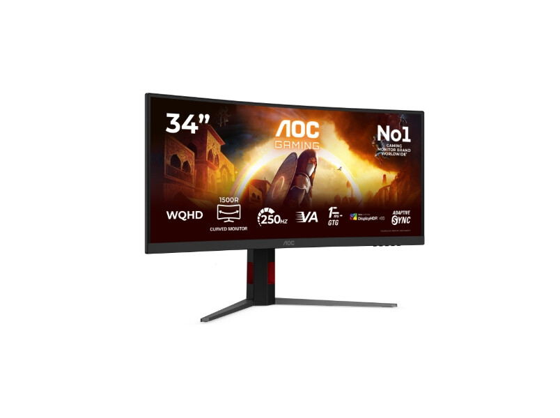 Монитор - AOC CU34G4ZCA, 34" Curved 1500R, Fast VA, WLED, 3440x1440@250Hz, 1ms GtG, 0.3ms MPRT, 450cd m/2, 3000:1, Adaptive Sync, FlickerFree, Low Blue Light, Tilt, Height Adjust, Swivel, 2xHDMI, DP, USB hub