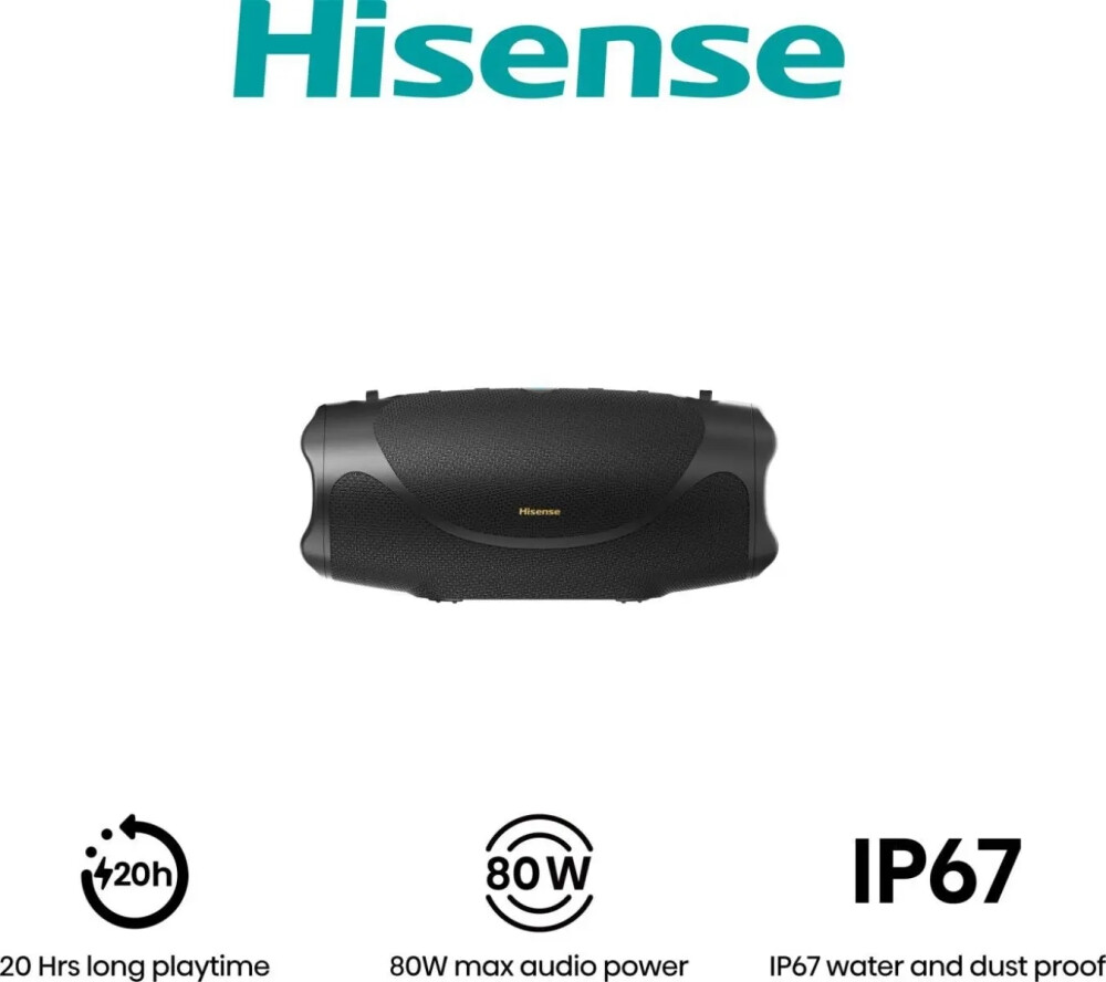 Аудио система - Hisense, FlexBoom, Party speaker 2.0 Ch., 80W, BT, 20h play,IP67 Water and Dust Proof,Ambient Light,Black