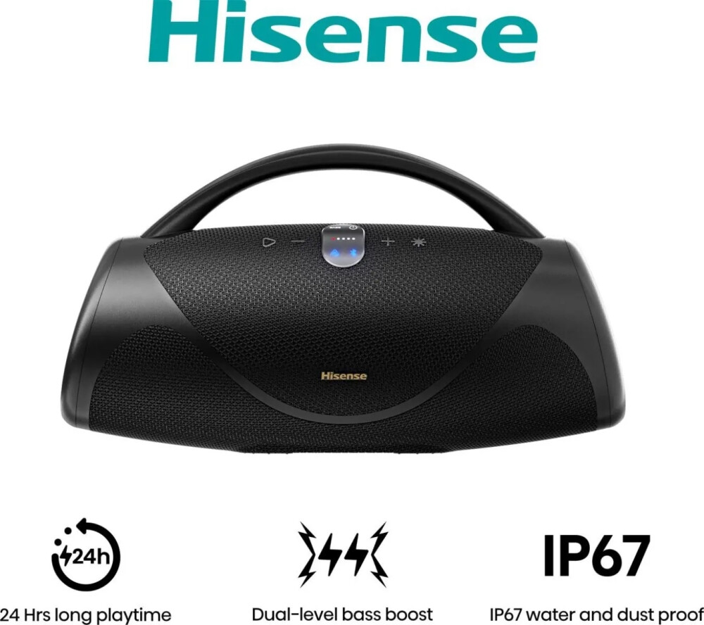 Аудио система - Hisense, VoyageBoom, Party speaker 2.0 Ch., 360W, BT, 24h play,IP67 Water and Dust Proof,Ambient Light,Dual-way Strap,Built-in Powerbank,Dual-level Bass Boost,Black