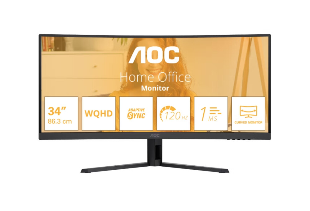 Монитор - AOC CU34B3E, 34" Curved 1500R, VA, WLED, 3440x1440@120Hz, 4ms GtG, 1ms MPRT, 300cd m/2, 3500:1, 50M:1 DCR, Adaptive Sync, FlickerFree, Low Blue Mode, Tilt, HDMI, DP