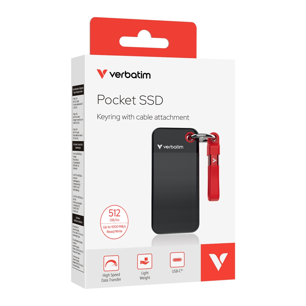 Твърд диск - Verbatim Pocket SSD USB 3.2 Gen 2 512GB Black/Red