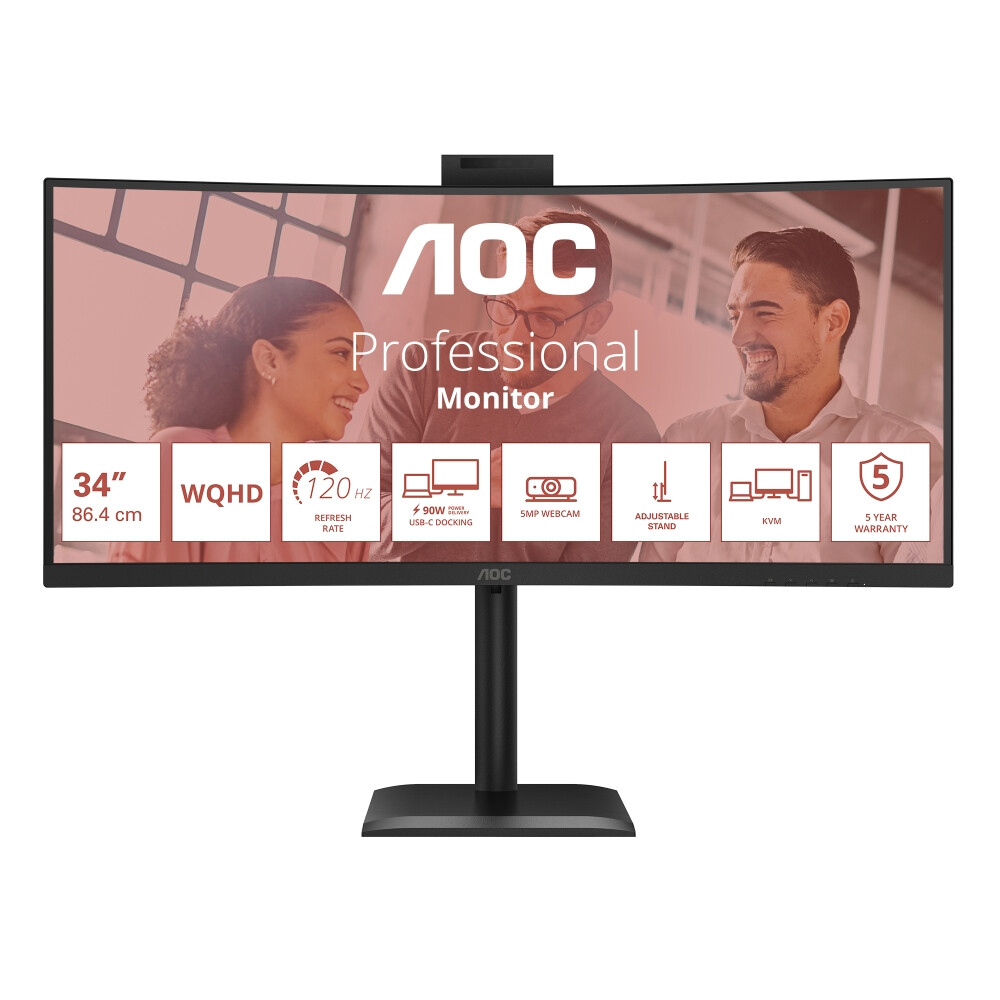 Монитор - AOC CU34E4CW, 34" Curved 1500R, VA, WLED, 3440x1440@120Hz, 4ms GtG, 1ms MPRT, 350cd m/2, 3500:1, 50M:1 DCR, Adaptive Sync, FlickerFree, Anti-Blue Light, 5Wx2, Webcam 5MP, Tilt, Height Adjust, Swivel, 2xHDMI, DP, USB hub, KVM, RJ45