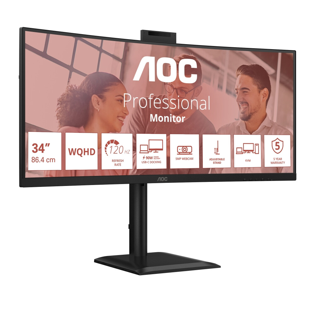 Монитор - AOC CU34E4CW, 34" Curved 1500R, VA, WLED, 3440x1440@120Hz, 4ms GtG, 1ms MPRT, 350cd m/2, 3500:1, 50M:1 DCR, Adaptive Sync, FlickerFree, Anti-Blue Light, 5Wx2, Webcam 5MP, Tilt, Height Adjust, Swivel, 2xHDMI, DP, USB hub, KVM, RJ45