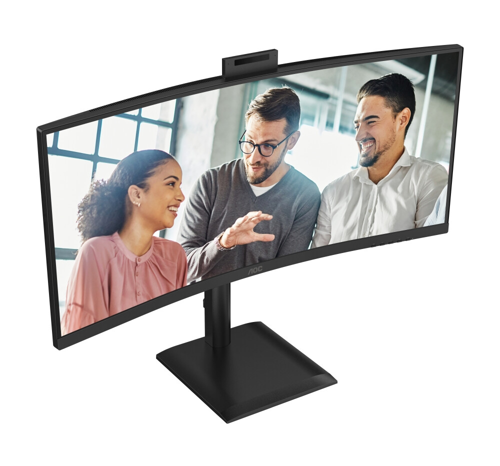 Монитор - AOC CU34E4CW, 34" Curved 1500R, VA, WLED, 3440x1440@120Hz, 4ms GtG, 1ms MPRT, 350cd m/2, 3500:1, 50M:1 DCR, Adaptive Sync, FlickerFree, Anti-Blue Light, 5Wx2, Webcam 5MP, Tilt, Height Adjust, Swivel, 2xHDMI, DP, USB hub, KVM, RJ45