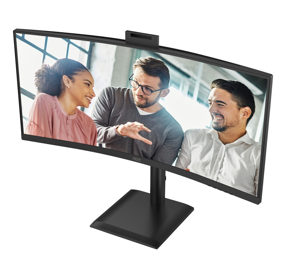 Монитор - AOC CU34E4CW, 34" Curved 1500R, VA, WLED, 3440x1440@120Hz, 4ms GtG, 1ms MPRT, 350cd m/2, 3500:1, 50M:1 DCR, Adaptive Sync, FlickerFree, Anti-Blue Light, 5Wx2, Webcam 5MP, Tilt, Height Adjust, Swivel, 2xHDMI, DP, USB hub, KVM, RJ45